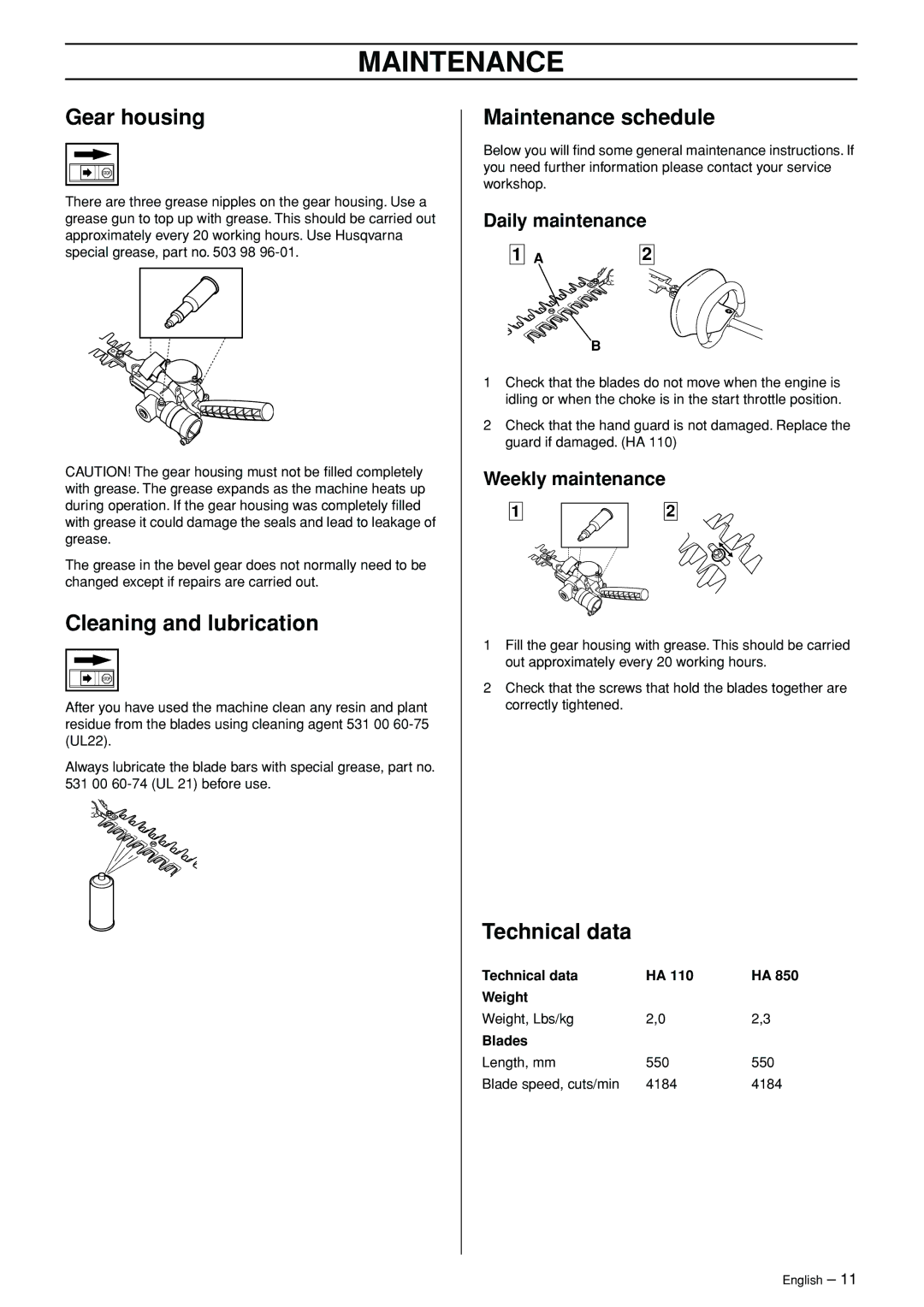 Husqvarna HA 110, HA 110 manual Gear housing, Cleaning and lubrication, Maintenance schedule, Technical data 