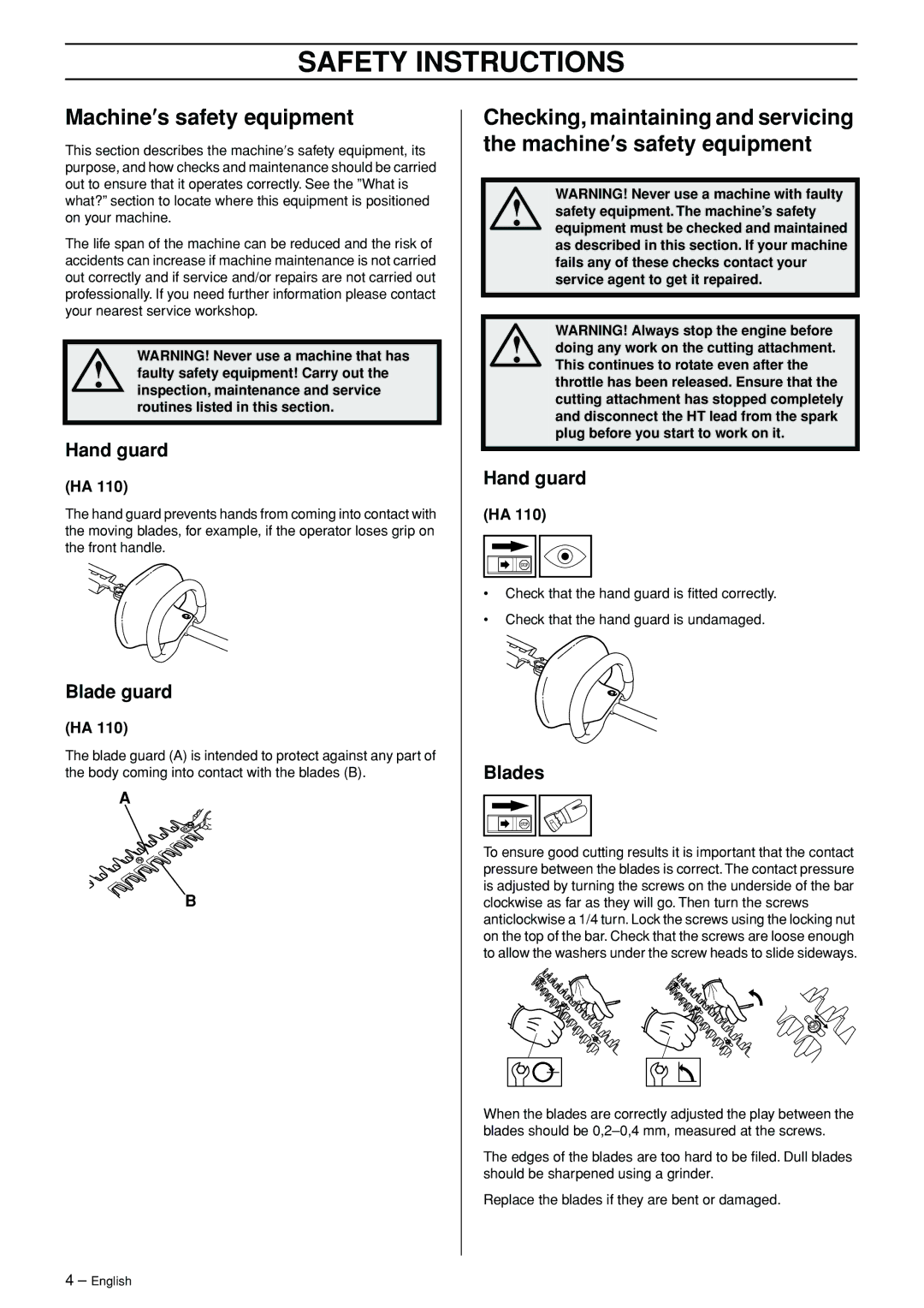 Husqvarna HA 110, HA 110 manual Safety Instructions, Machine′s safety equipment, Hand guard, Blade guard, Blades 