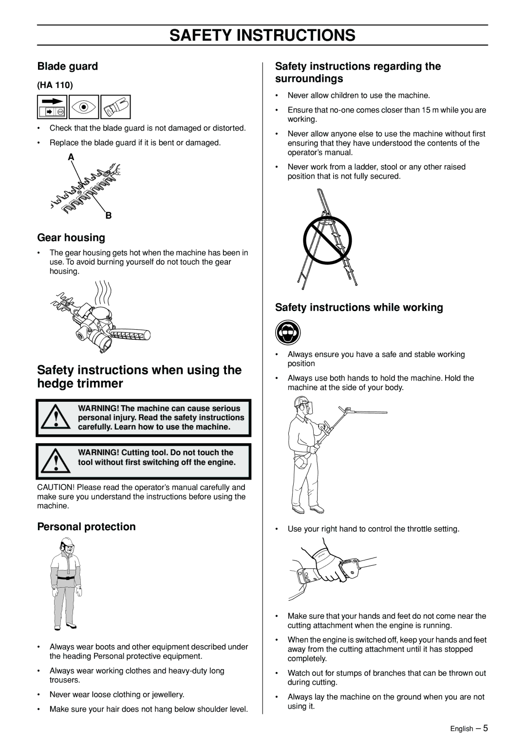 Husqvarna HA 110, HA 110 manual Safety instructions when using the hedge trimmer, Gear housing, Personal protection 