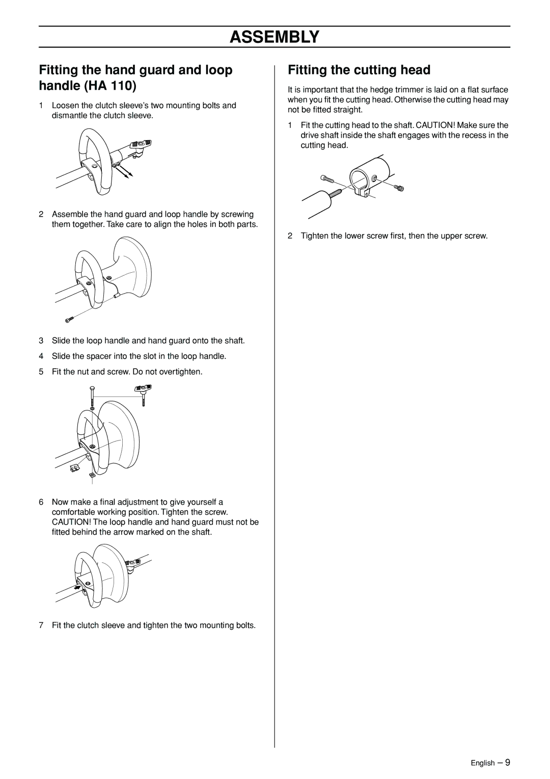 Husqvarna HA 110, HA 110 manual Assembly, Fitting the hand guard and loop handle HA, Fitting the cutting head 