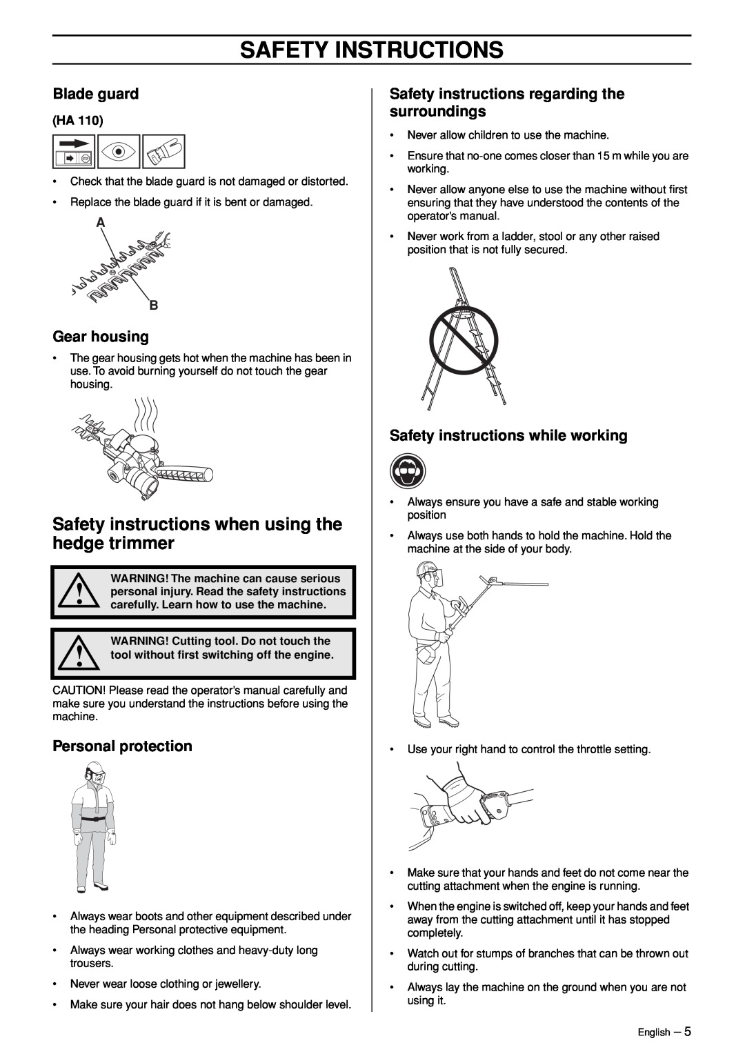 Husqvarna HA 110, HA 110 Safety instructions when using the hedge trimmer, Gear housing, Personal protection, Blade guard 