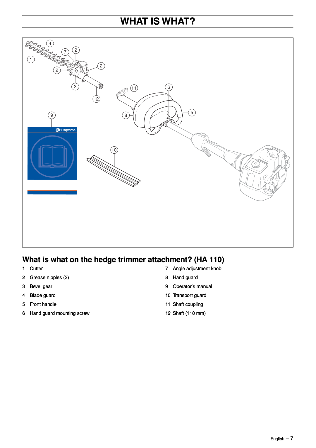 Husqvarna HA 110, HA 110 manual What Is What?, What is what on the hedge trimmer attachment? HA 