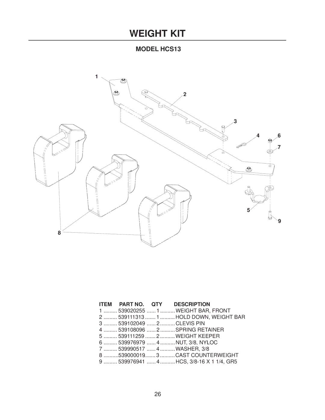 Husqvarna HCS9, HCS13 manual Weight KIT, Model HCS13 