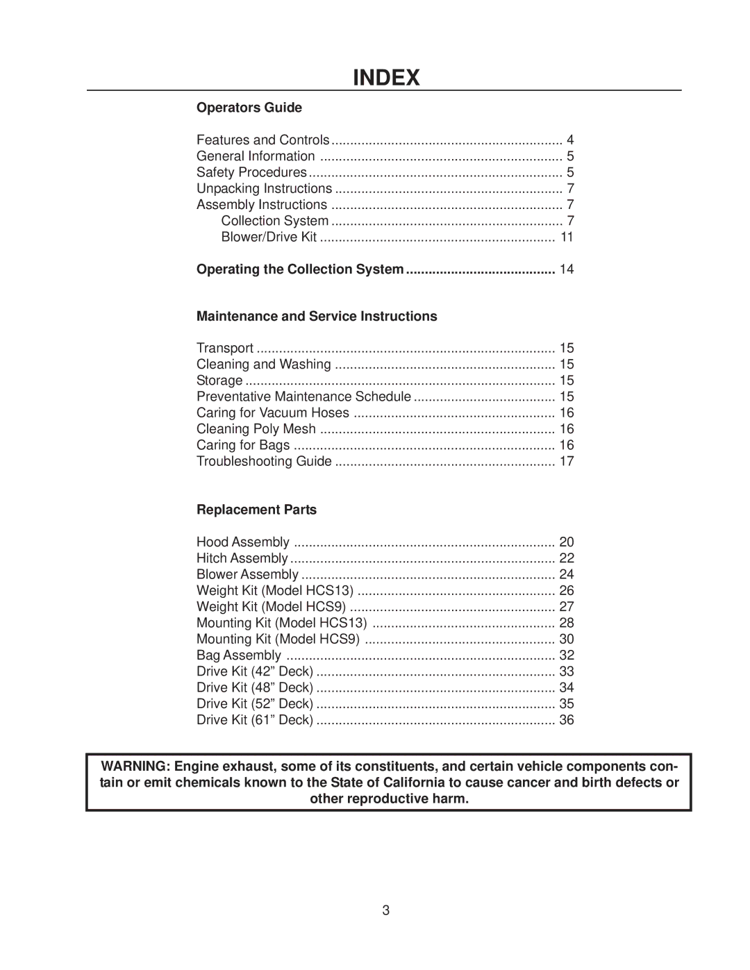 Husqvarna HCS9, HCS13 manual Index, Operators Guide 