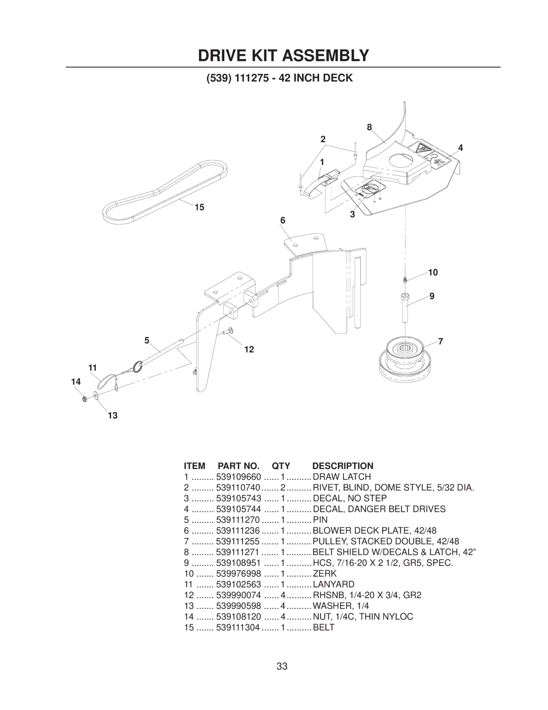 Husqvarna HCS9, HCS13 manual Drive KIT Assembly, 539 111275 42 Inch Deck 