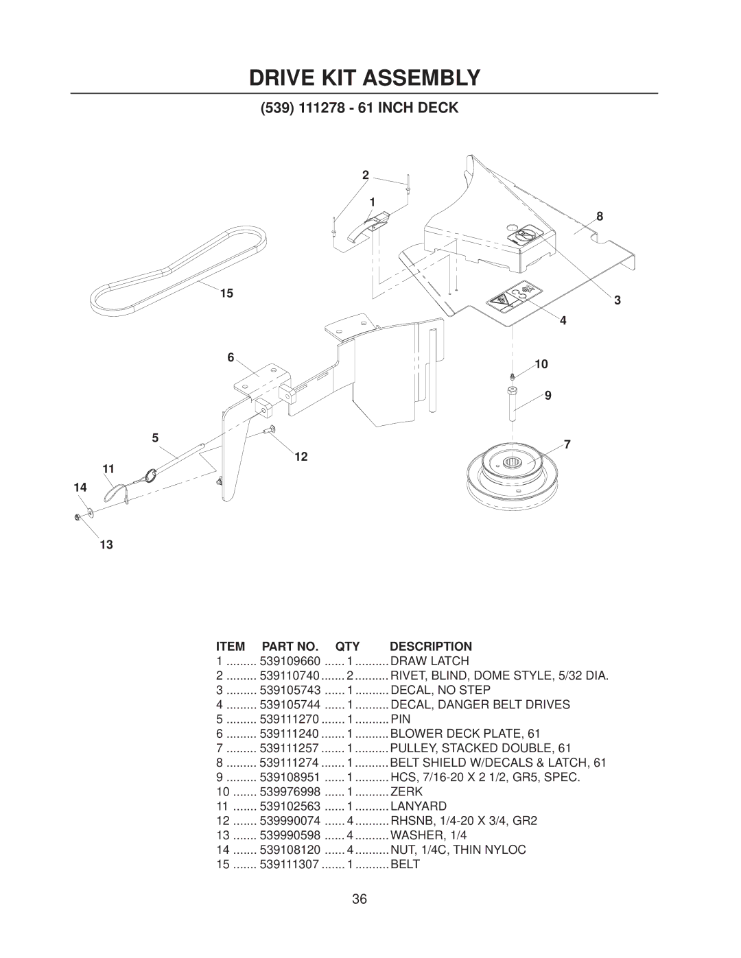 Husqvarna HCS9, HCS13 manual 539 111278 61 Inch Deck 