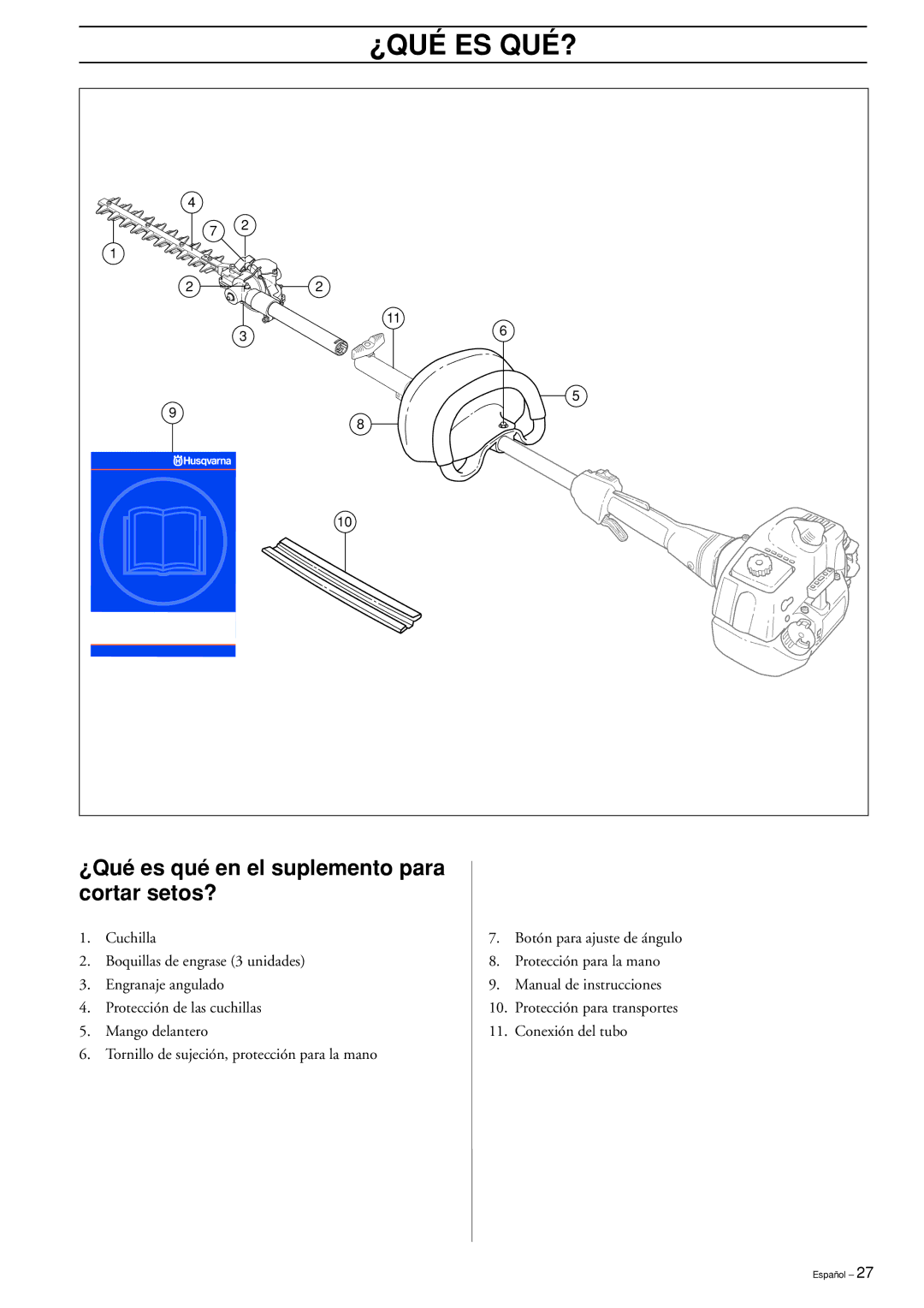 Husqvarna HEDGE TRIMMER ATTACHMENT manuel dutilisation ¿Qué Es Qué?, ¿Qué es qué en el suplemento para cortar setos? 