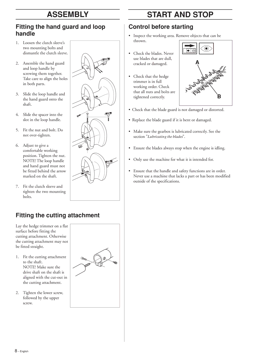 Husqvarna HEDGE TRIMMER ATTACHMENT manuel dutilisation Assembly, Start and Stop, Fitting the hand guard and loop handle 