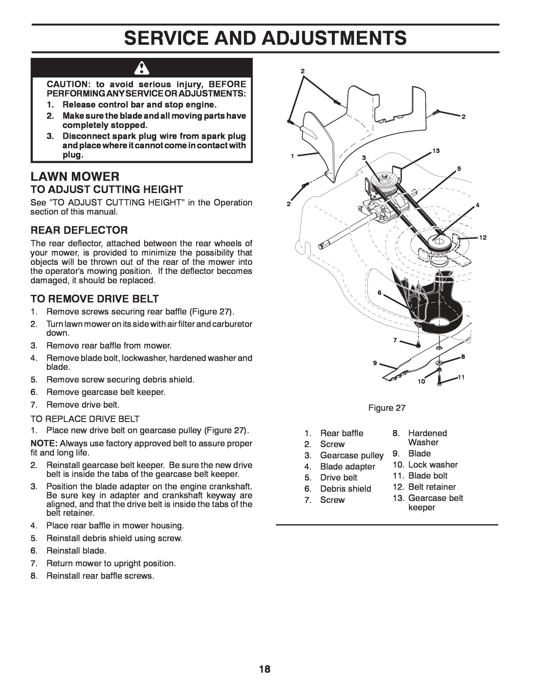 Husqvarna HU775H / 961450007 Service And Adjustments, Rear Deflector, To Remove Drive Belt, completely stopped, plug 