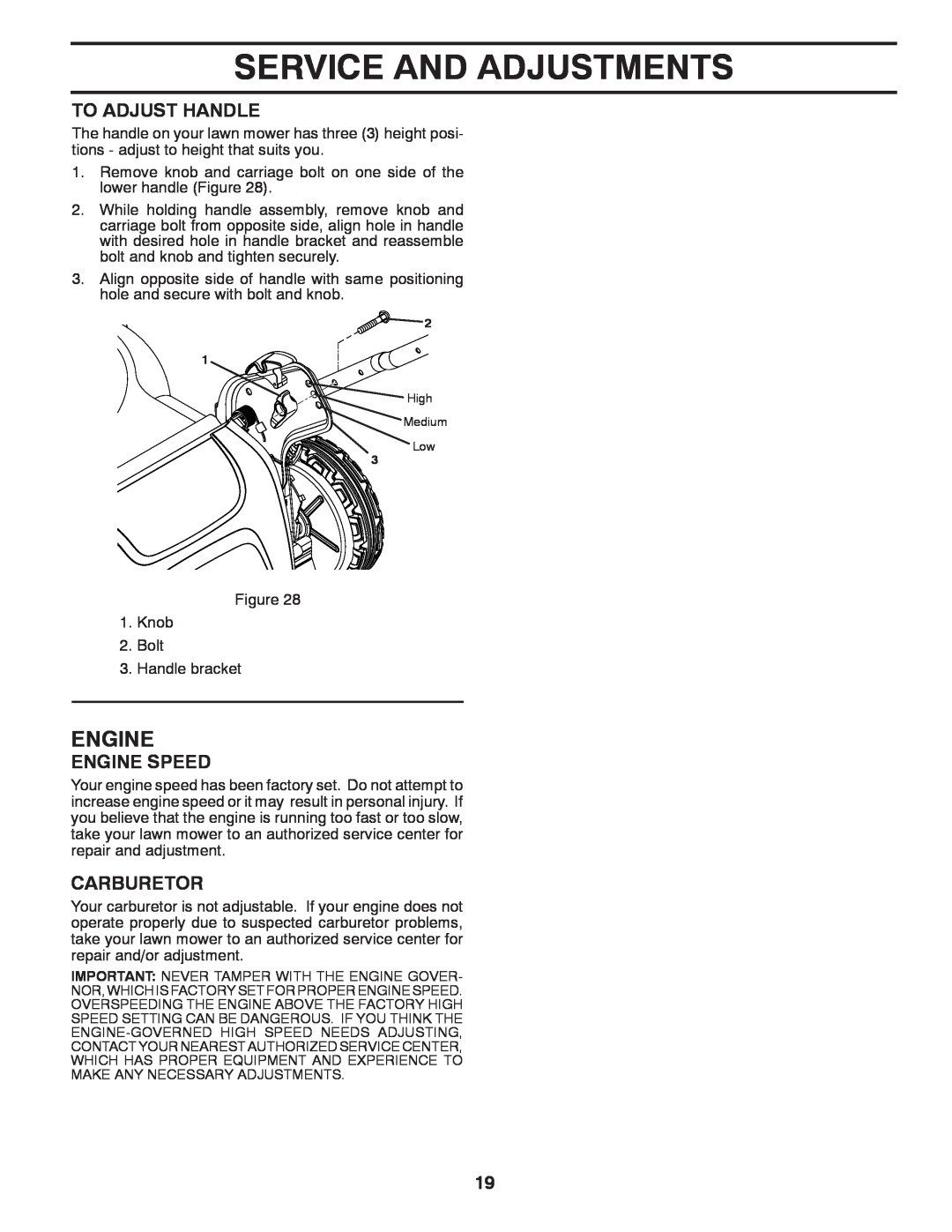 Husqvarna HU775H / 961450007 warranty To Adjust Handle, Carburetor, Service And Adjustments, Engine Speed 