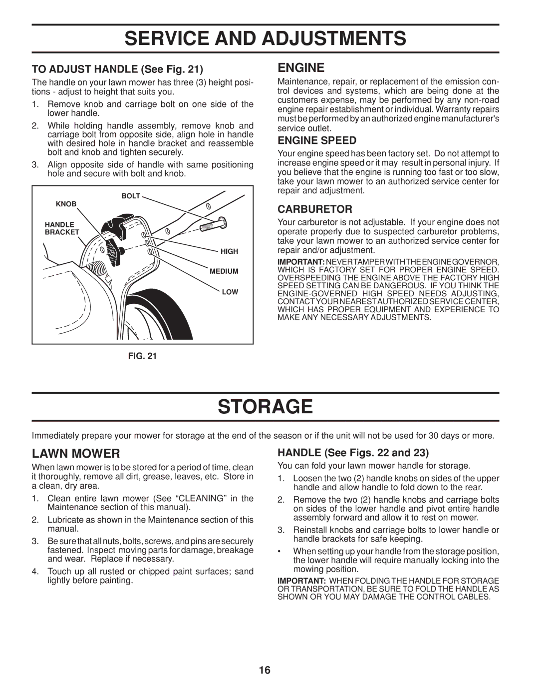 Husqvarna HU800AWD warranty Storage, To Adjust Handle See Fig, Carburetor, Handle See Figs 