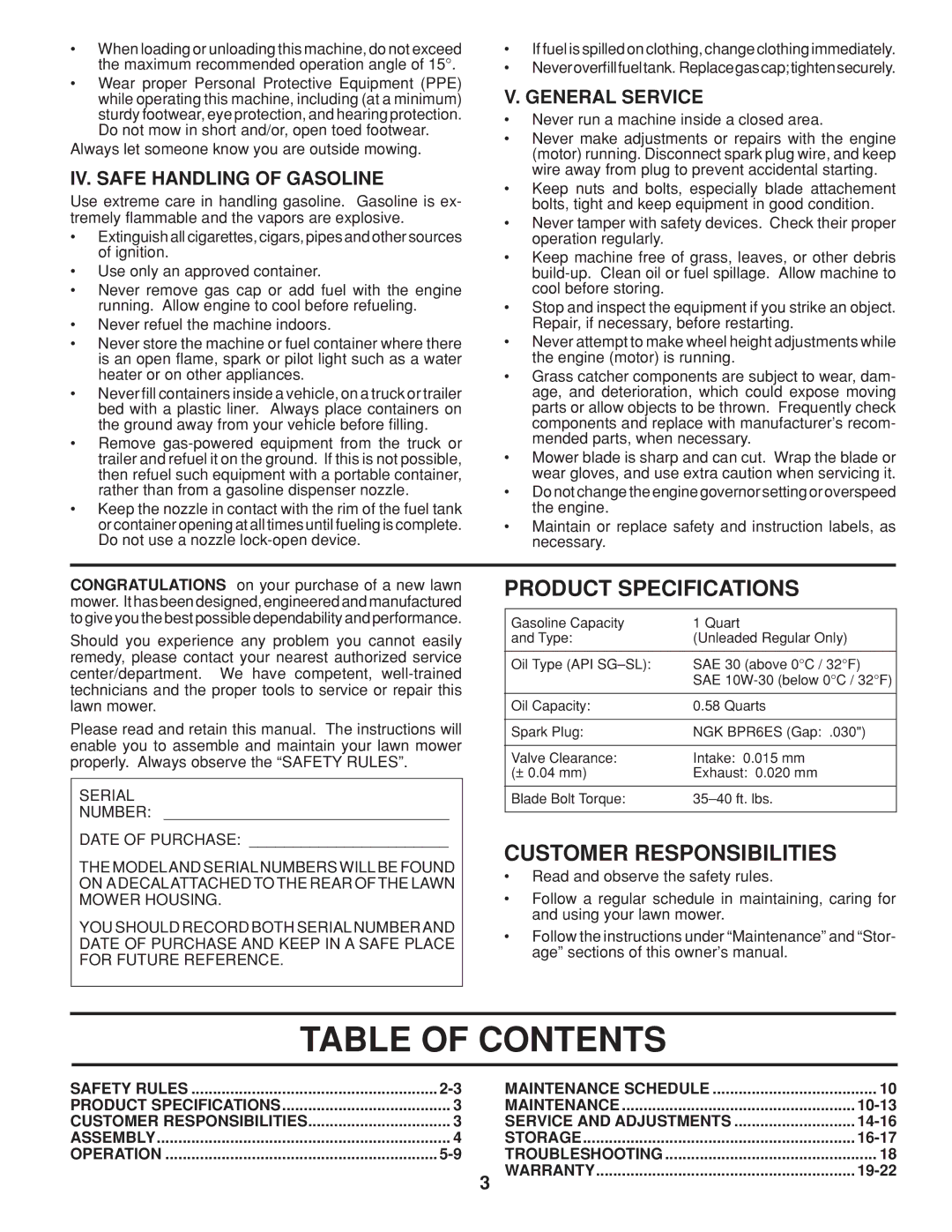 Husqvarna HU800AWD warranty Table of Contents 