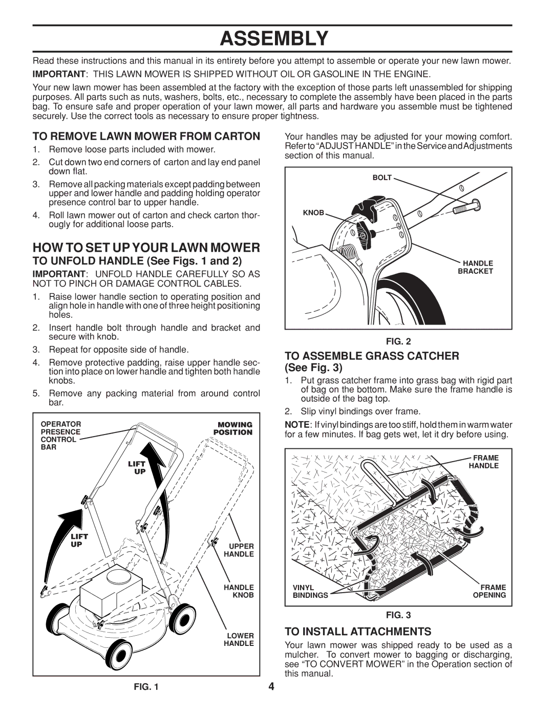 Husqvarna HU800AWD Assembly, HOW to SET UP Your Lawn Mower, To Remove Lawn Mower from Carton, To Install Attachments 