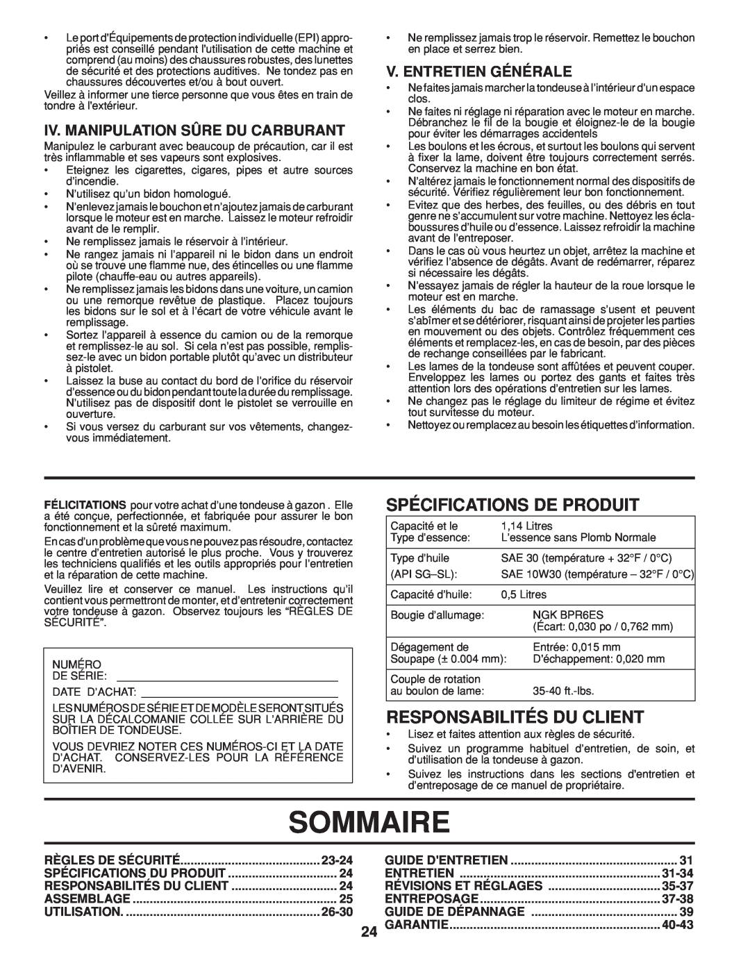 Husqvarna HU800AWD Sommaire, Spécifications De Produit, Responsabilités Du Client, Iv. Manipulation Sûre Du Carburant 