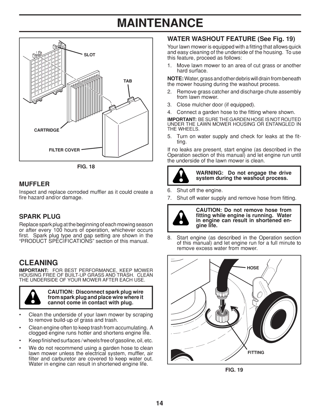 Husqvarna HU800BBC manual Cleaning, Muffler, Spark Plug, Water Washout Feature See Fig 