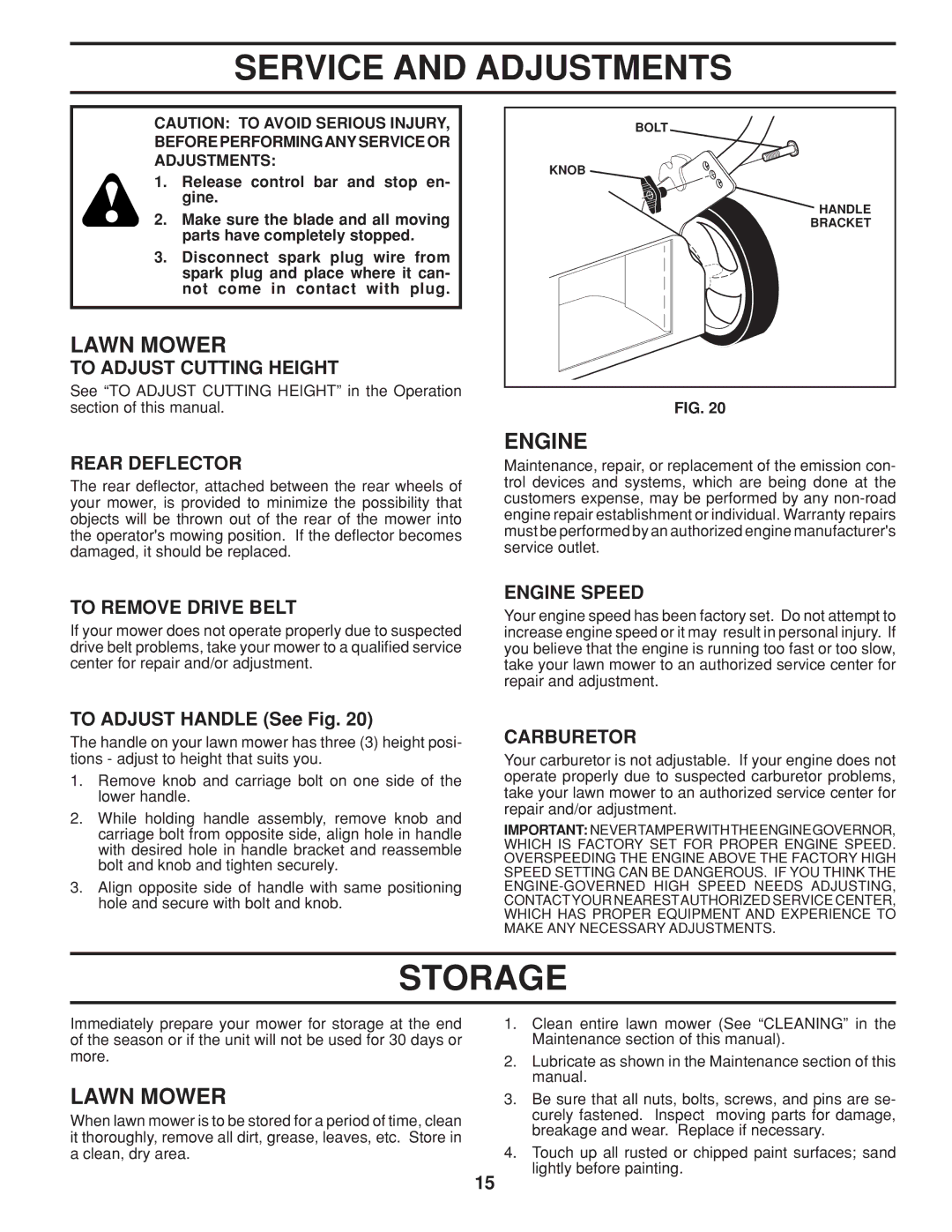 Husqvarna HU800BBC manual Service and Adjustments, Storage 