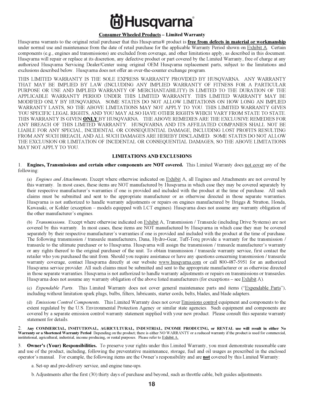 Husqvarna HU800BBC manual Limitations and Exclusions 