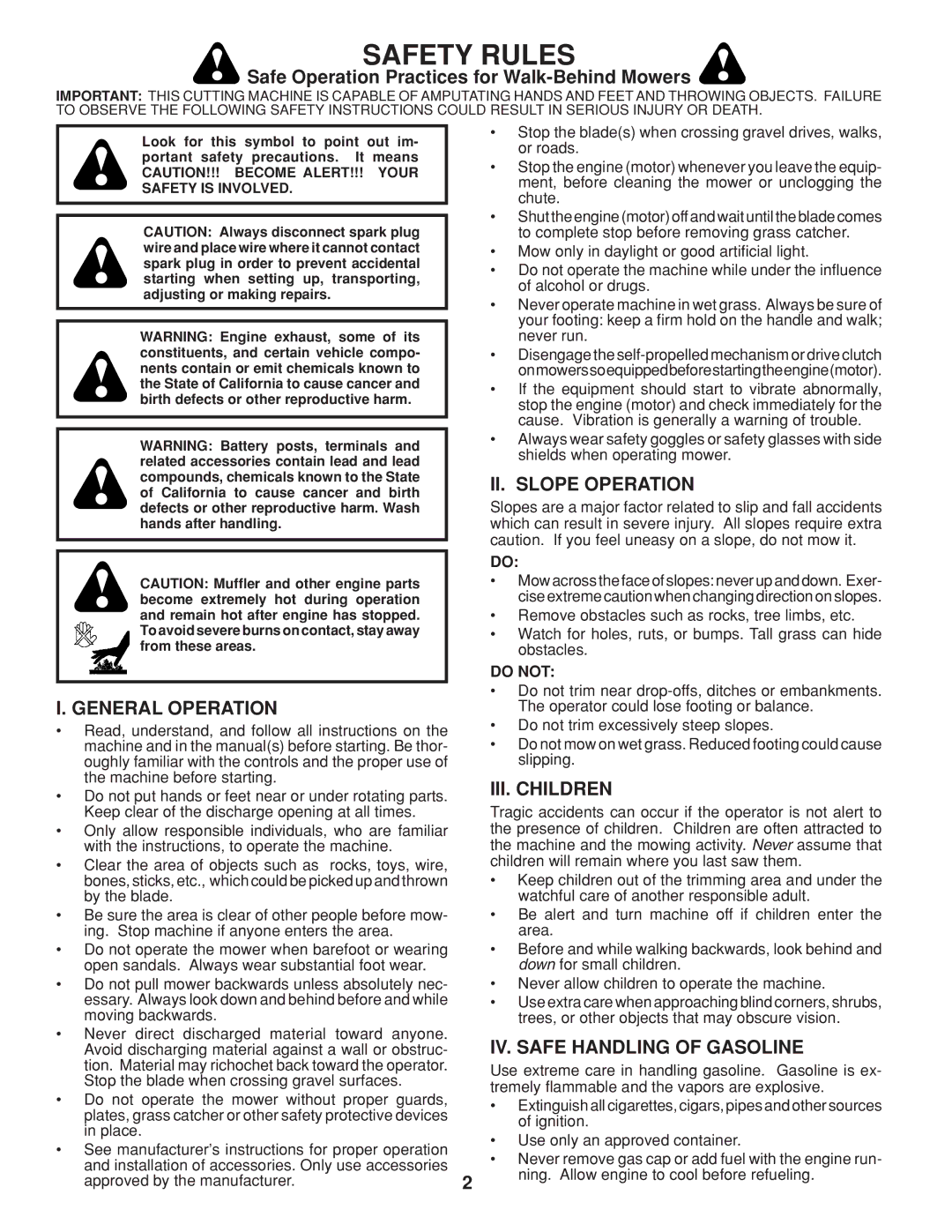 Husqvarna HU800BBC Safe Operation Practices for Walk-Behind Mowers, II. Slope Operation, General Operation, III. Children 