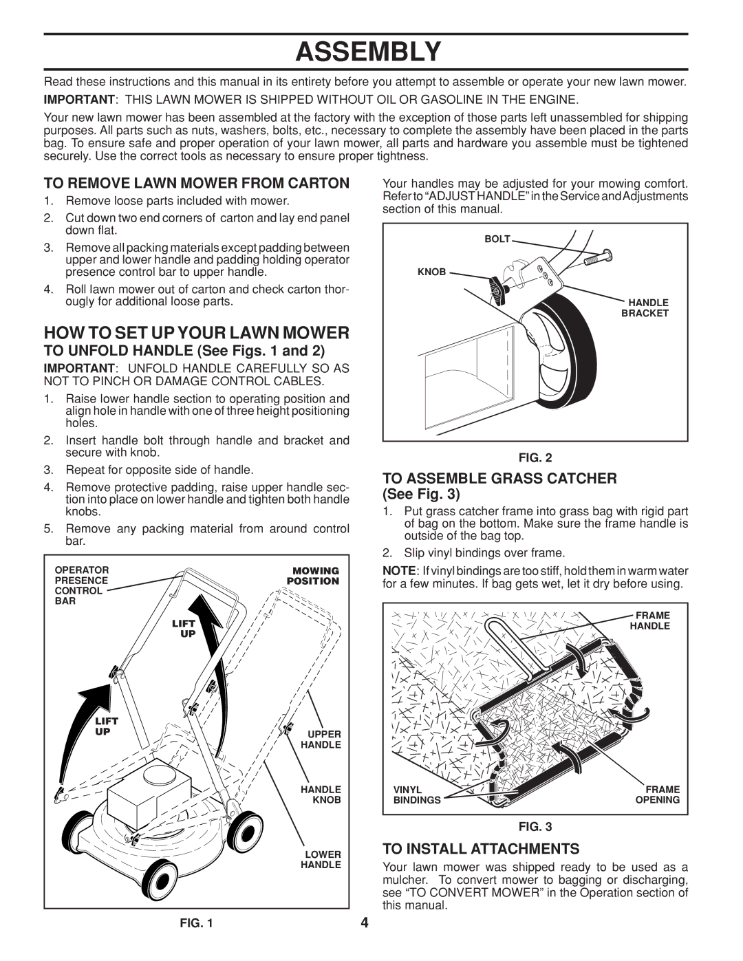 Husqvarna HU800BBC manual Assembly, HOW to SET UP Your Lawn Mower, To Remove Lawn Mower from Carton, To Install Attachments 