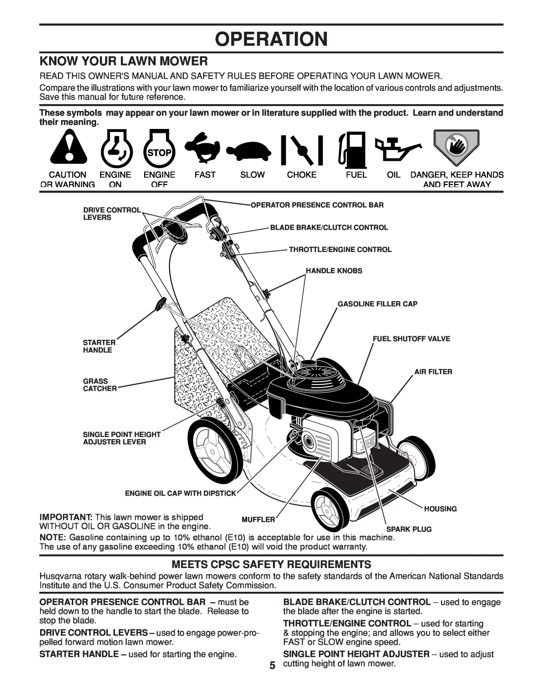 Husqvarna HU800BBC Operation, Know Your Lawn Mower, Meets Cpsc Safety Requirements, IMPORTANT This lawn mower is shipped 