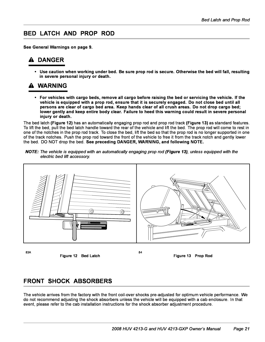 Husqvarna HUV 4213-GXP owner manual Bed Latch And Prop Rod, Front Shock Absorbers, Danger 