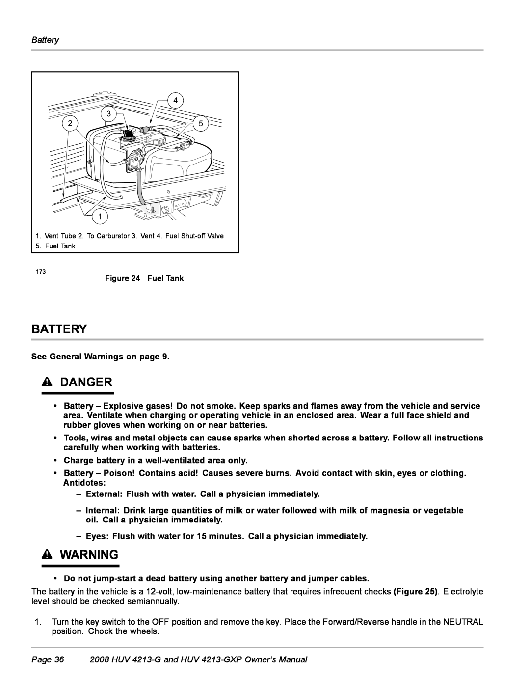 Husqvarna HUV 4213-GXP owner manual Battery, Danger 