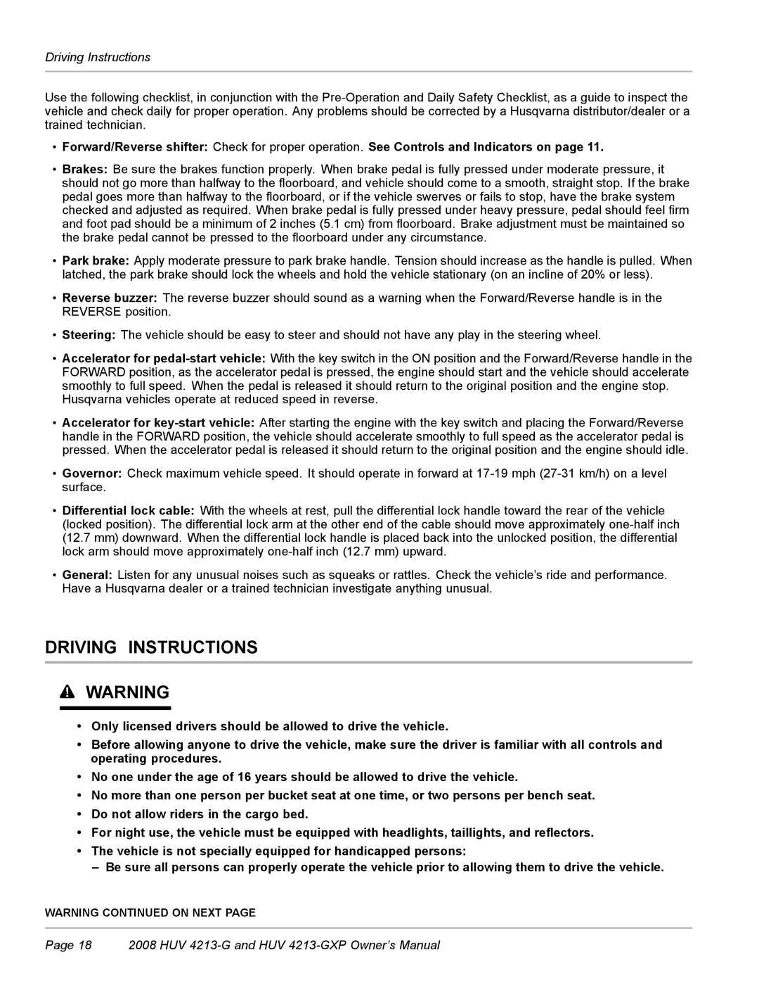 Husqvarna HUV 4213-GXP owner manual Driving Instructions 