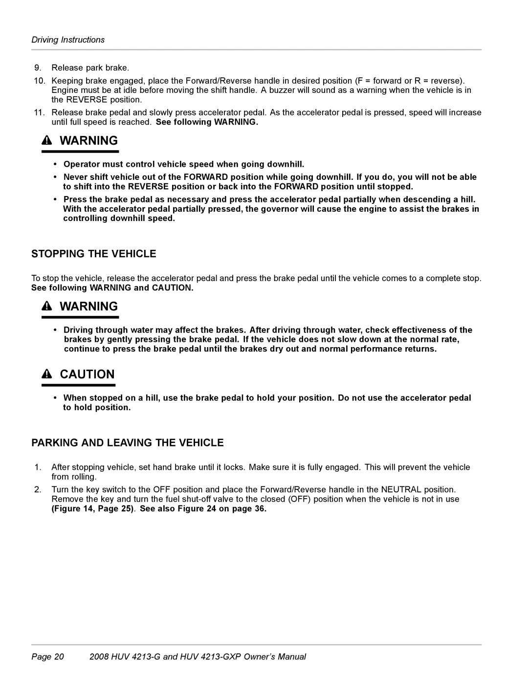 Husqvarna HUV 4213-GXP owner manual Stopping the Vehicle, Parking and Leaving the Vehicle 