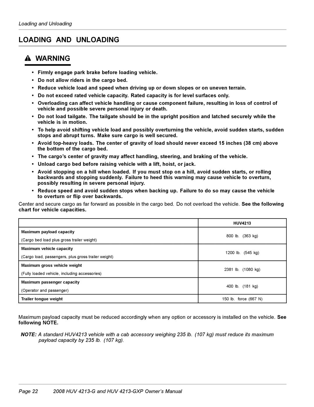 Husqvarna HUV 4213-GXP owner manual Loading and Unloading 