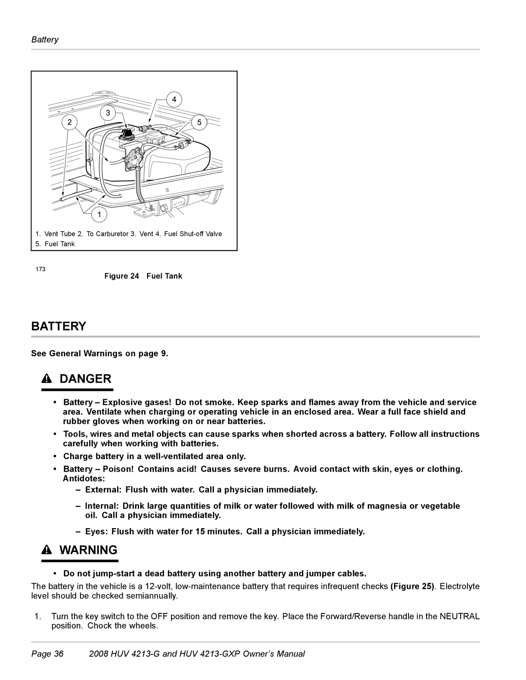 Husqvarna HUV 4213-GXP owner manual Battery, Fuel Tank 