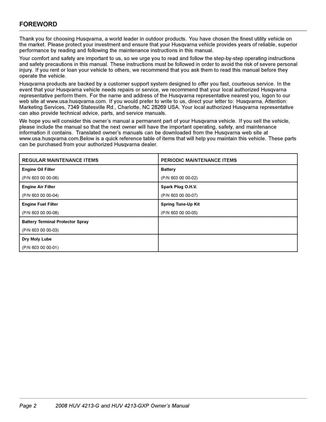 Husqvarna HUV 4213-GXP owner manual Foreword, Regular Maintenance Items Periodic Maintenance Items 