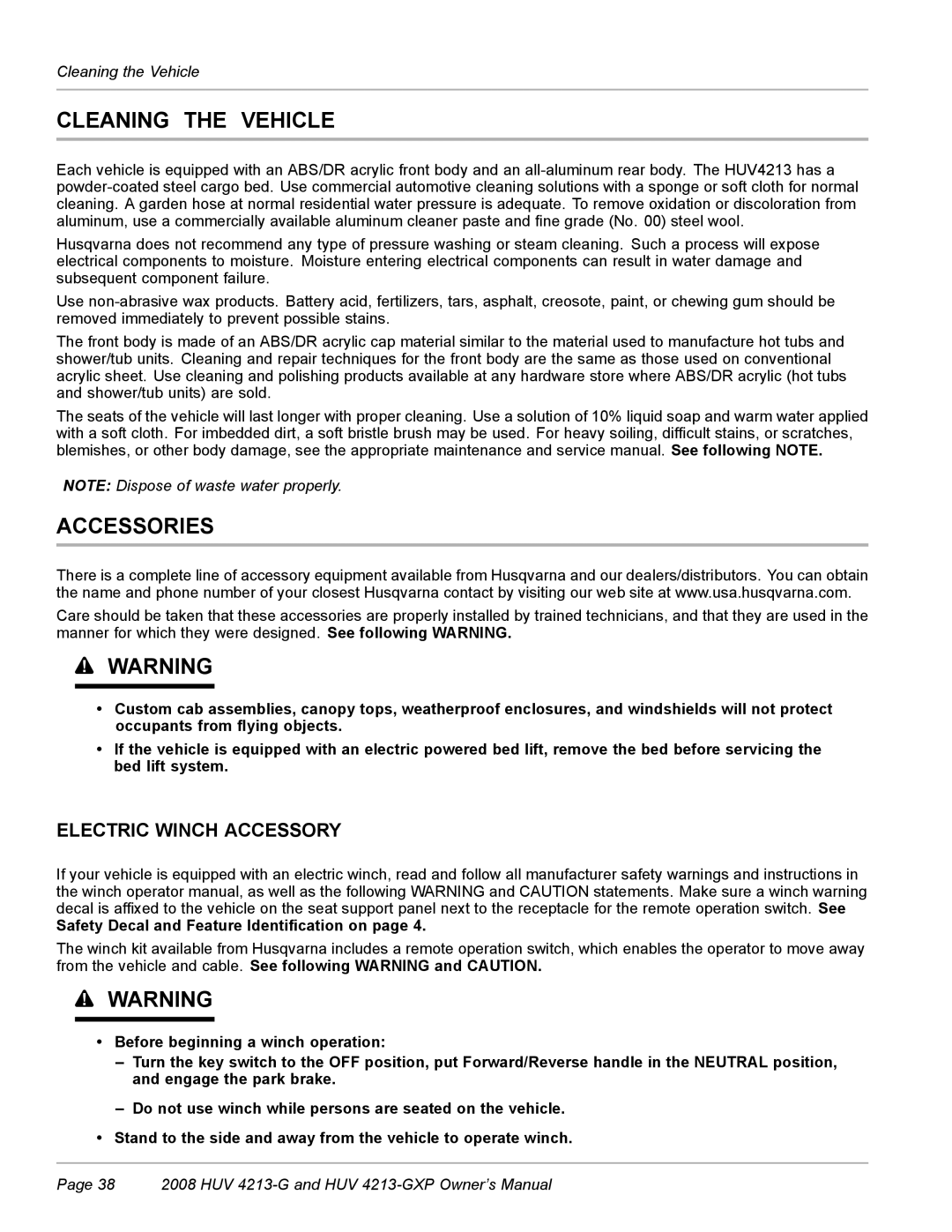 Husqvarna HUV 4213-GXP owner manual Cleaning the Vehicle, Accessories, Electric Winch Accessory 