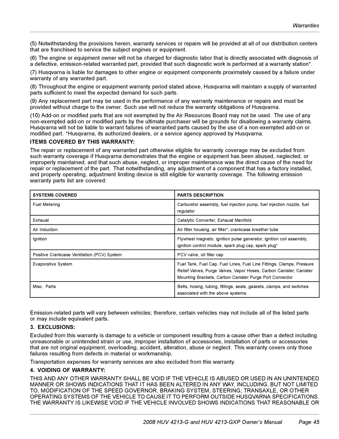 Husqvarna HUV 4213-GXP owner manual Items Covered by this Warranty 