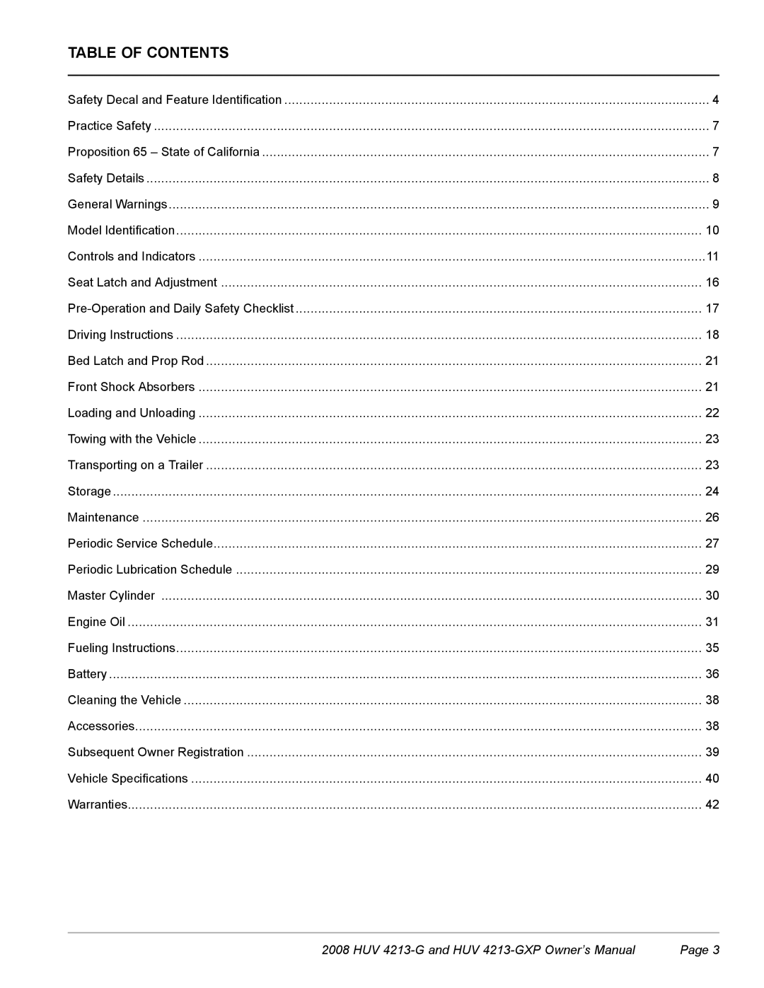 Husqvarna HUV 4213-GXP owner manual Table of Contents 