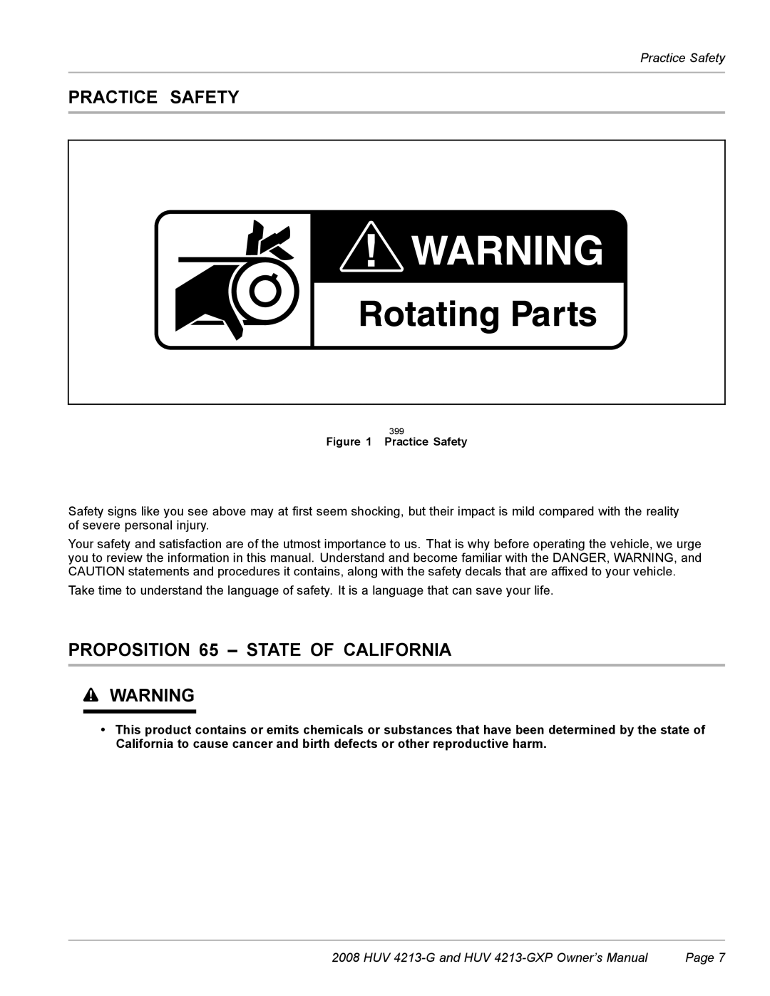 Husqvarna HUV 4213-GXP owner manual Practice Safety, Proposition 65 State of California 