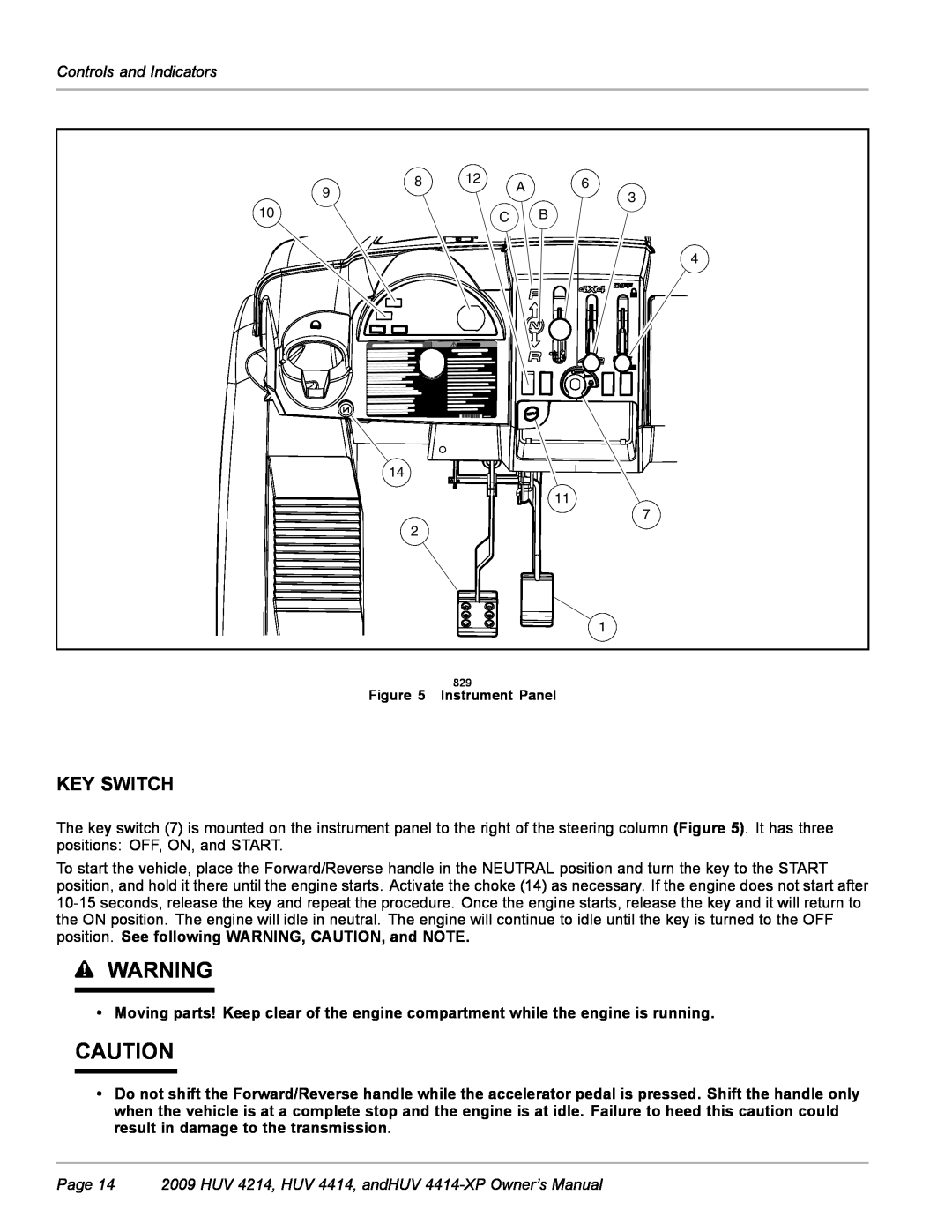 Husqvarna Key Switch, Page 14 2009 HUV 4214, HUV 4414, andHUV 4414-XP Owner’s Manual, Controls and Indicators 