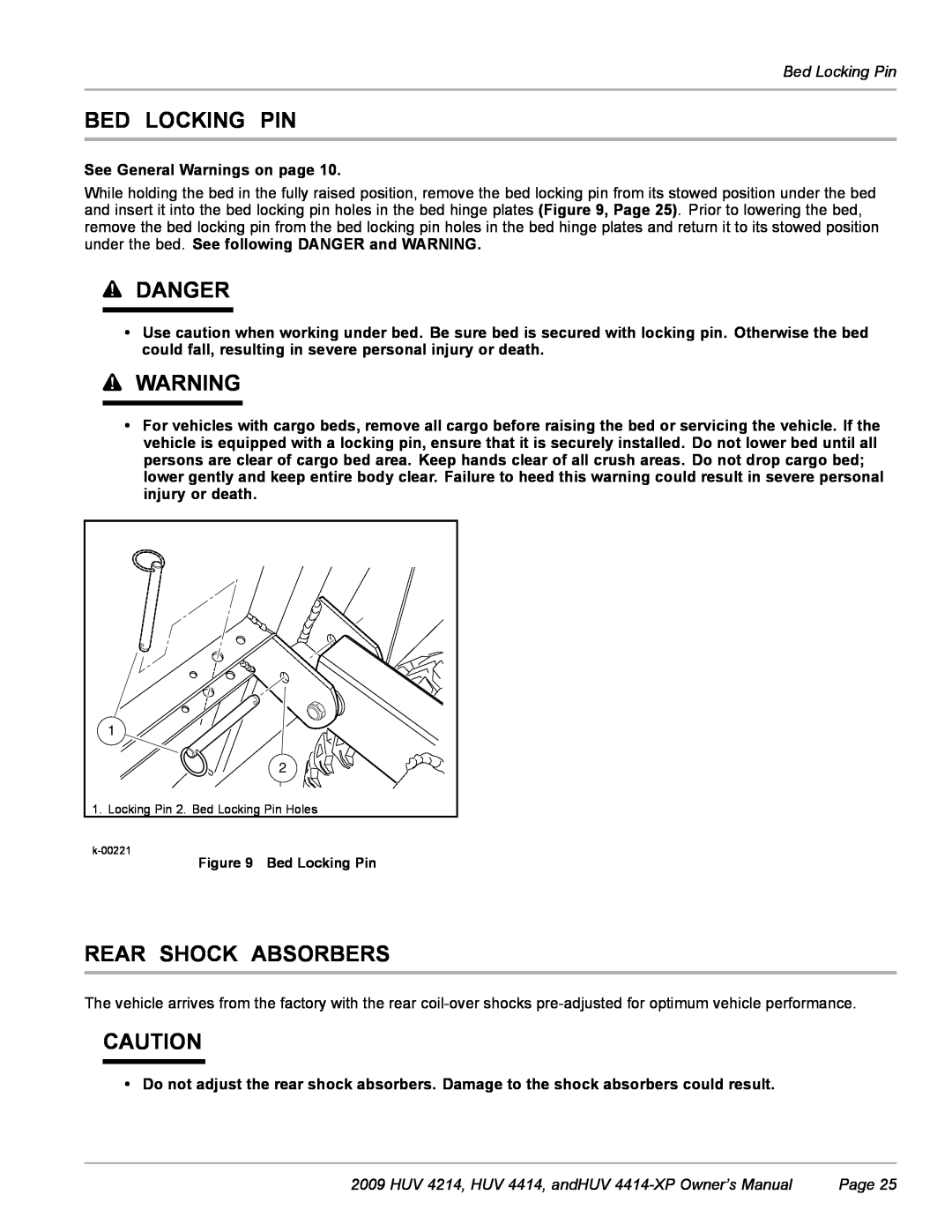 Husqvarna Bed Locking Pin, Rear Shock Absorbers, Danger, HUV 4214, HUV 4414, andHUV 4414-XP Owner’s Manual, Page 