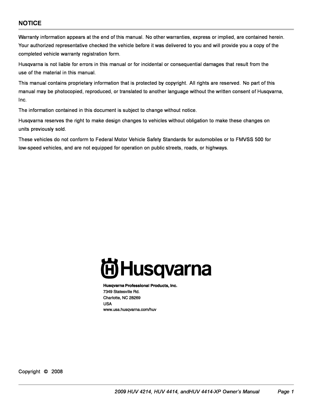 Husqvarna owner manual HUV 4214, HUV 4414, andHUV 4414-XP Owner’s Manual, Page, Copyright 