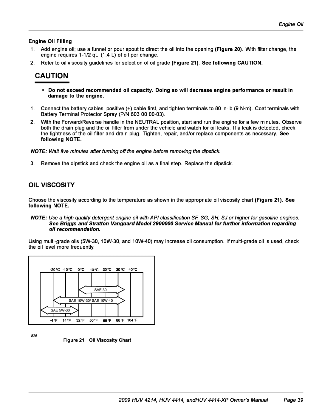 Husqvarna owner manual Engine Oil, HUV 4214, HUV 4414, andHUV 4414-XP Owner’s Manual, Page, Oil Viscosity Chart 