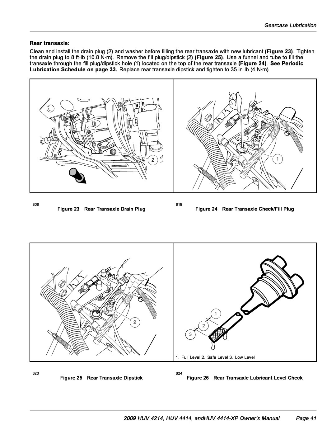 Husqvarna owner manual Gearcase Lubrication, Rear transaxle, HUV 4214, HUV 4414, andHUV 4414-XP Owner’s Manual, Page 