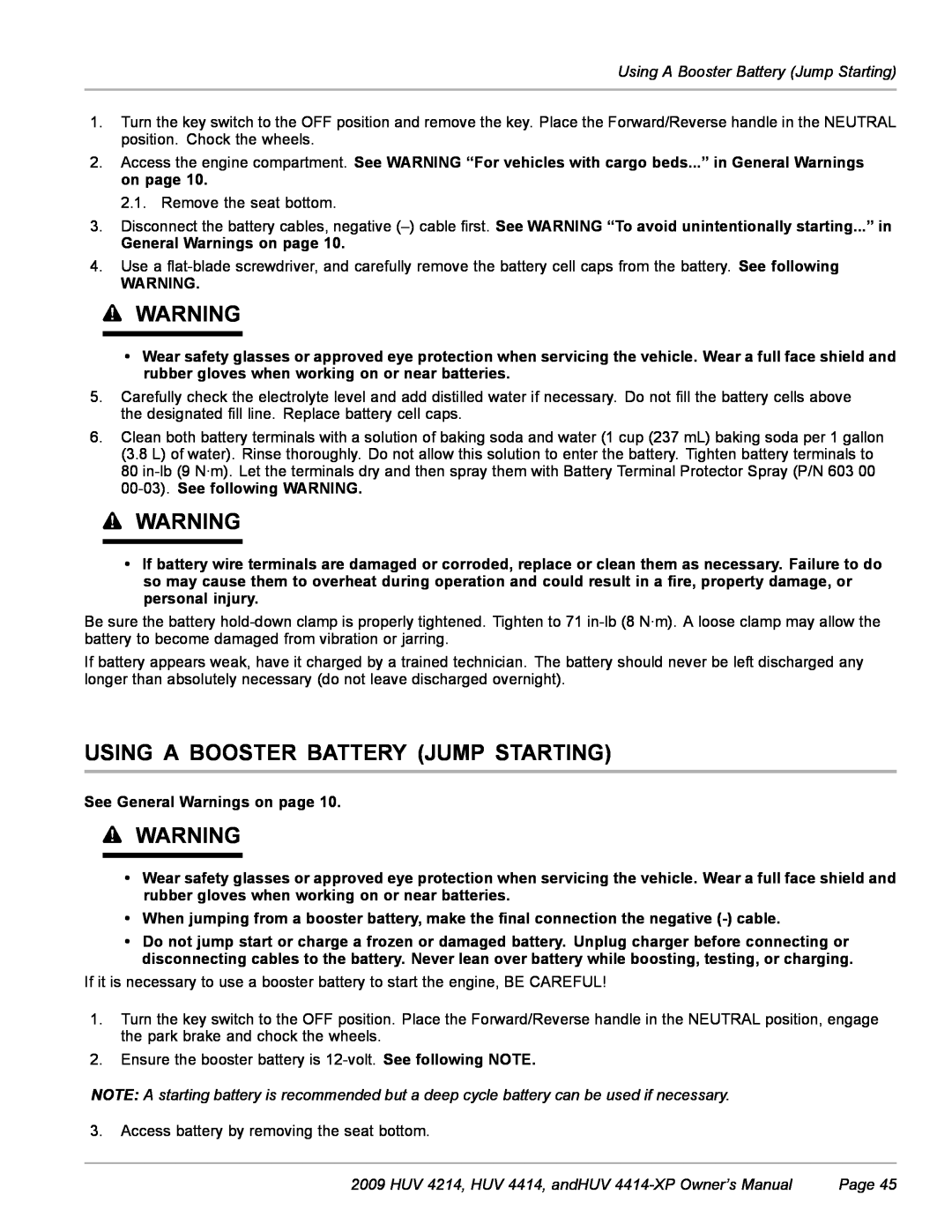Husqvarna owner manual Using A Booster Battery Jump Starting, HUV 4214, HUV 4414, andHUV 4414-XP Owner’s Manual, Page 