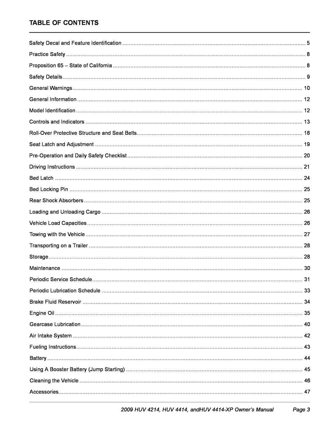 Husqvarna owner manual Table Of Contents, HUV 4214, HUV 4414, andHUV 4414-XP Owner’s Manual, Page 