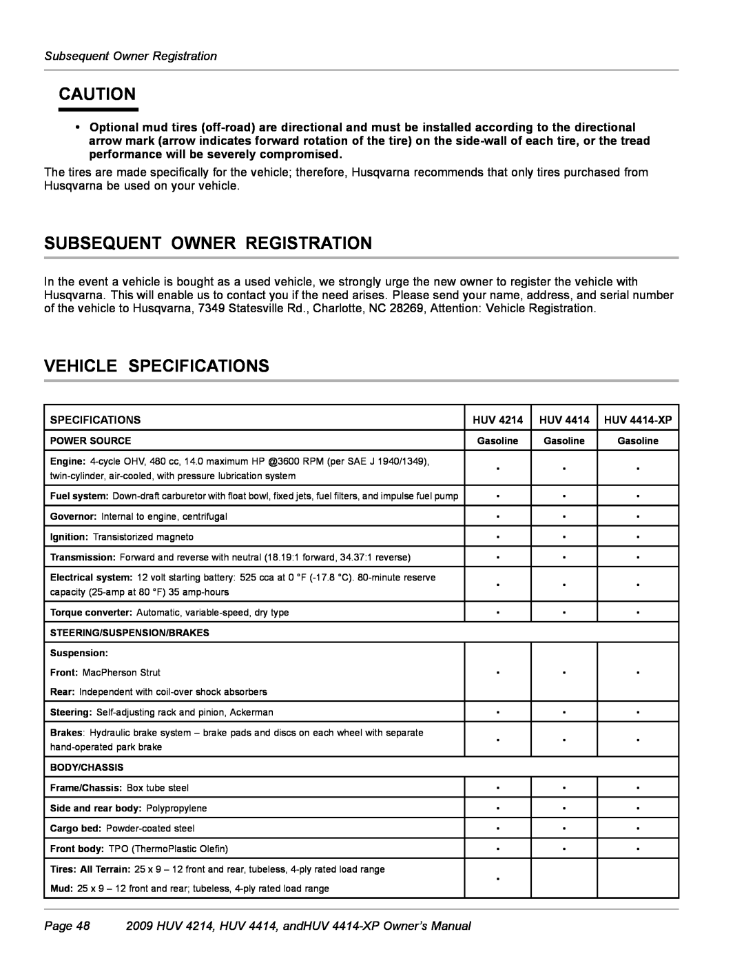 Husqvarna HUV 4414-XP, HUV 4214 owner manual Subsequent Owner Registration, Vehicle Specifications 