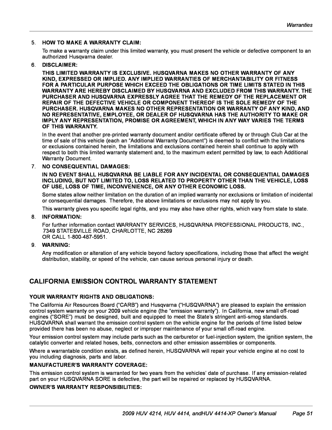 Husqvarna HUV 4414-XP, HUV 4214 owner manual California Emission Control Warranty Statement, Warranties, Page 