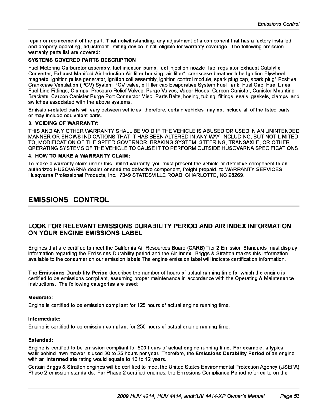 Husqvarna owner manual Emissions Control, HUV 4214, HUV 4414, andHUV 4414-XP Owner’s Manual, Page 