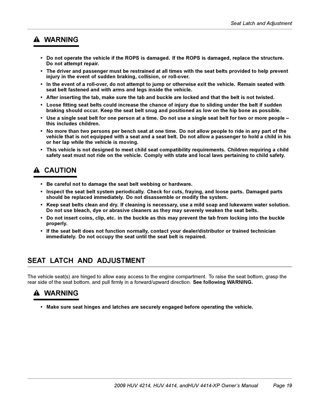 Husqvarna HUV 4214, HUV 4414-XP owner manual Seat Latch and Adjustment 