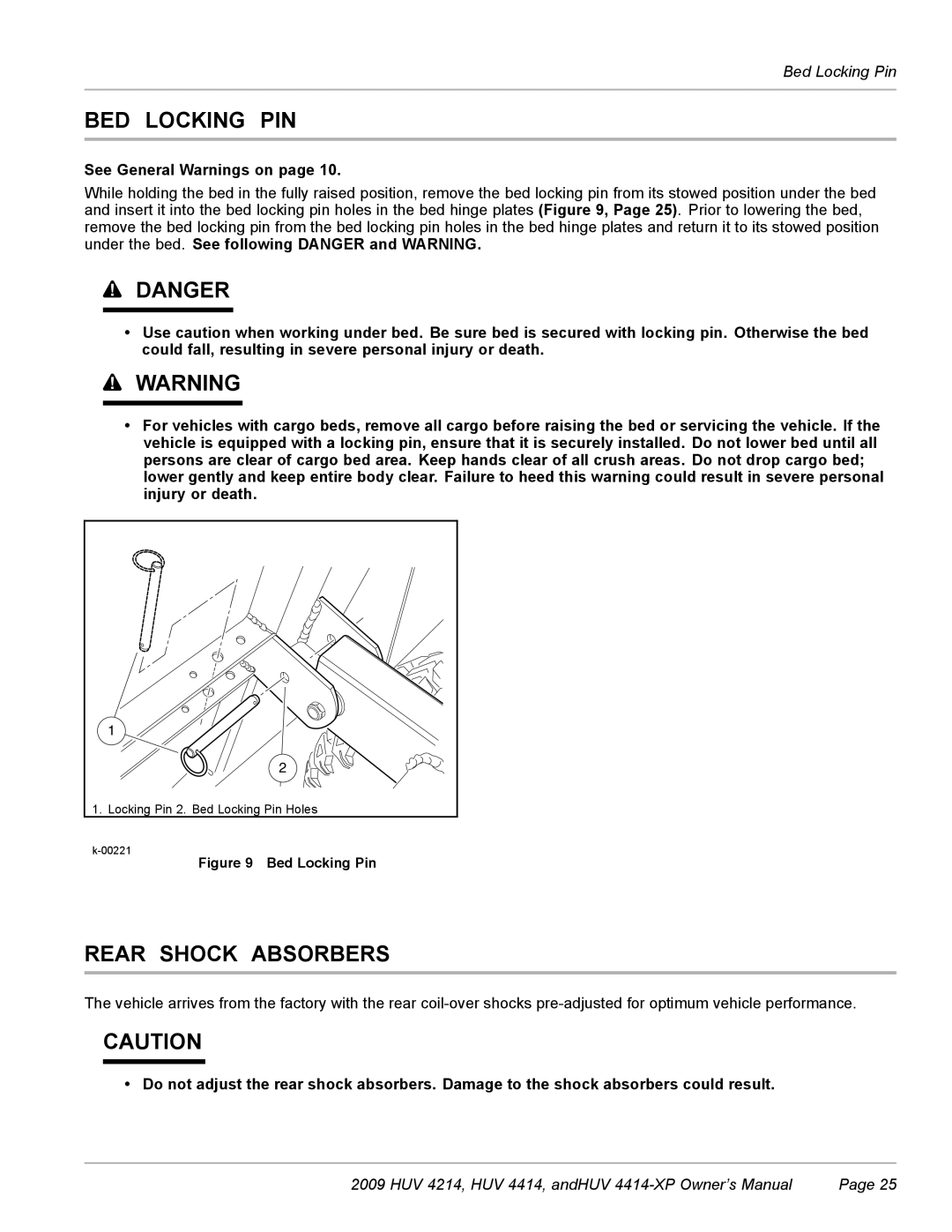 Husqvarna HUV 4214, HUV 4414-XP owner manual BED Locking PIN, Rear Shock Absorbers, Bed Locking Pin 