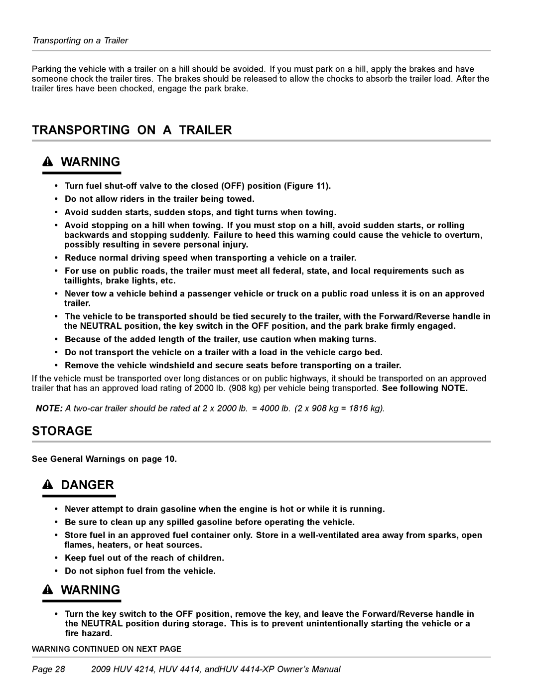 Husqvarna HUV 4214, HUV 4414-XP owner manual Transporting on a Trailer, Storage 