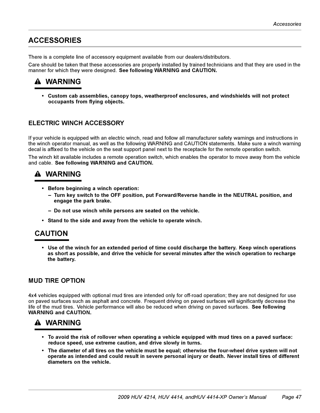 Husqvarna HUV 4214, HUV 4414-XP owner manual Accessories, Electric Winch Accessory, MUD Tire Option 