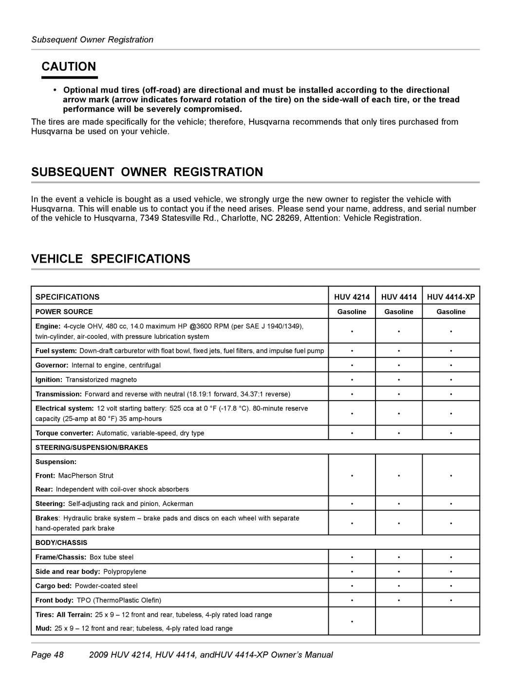 Husqvarna HUV 4414-XP, HUV 4214 owner manual Subsequent Owner Registration, Vehicle Specifications 